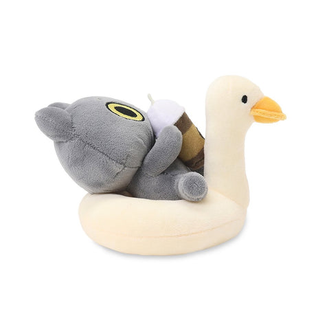 An officially licensed 6-inch Hakongee cat plush by WSL sitting in a cream duck floatie while holding a coffee cup