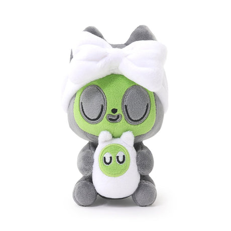 A 6-inch Hakongee grey cat plush wearing a green spa face mask and a white bow headband, officially licensed and made by WSL