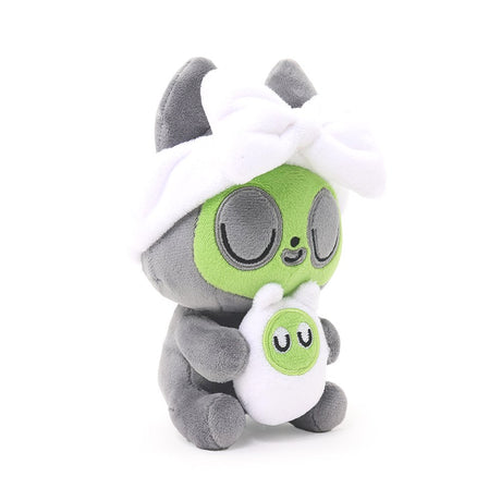 A 6-inch Hakongee grey cat plush wearing a green spa face mask and a white bow headband, officially licensed and made by WSL