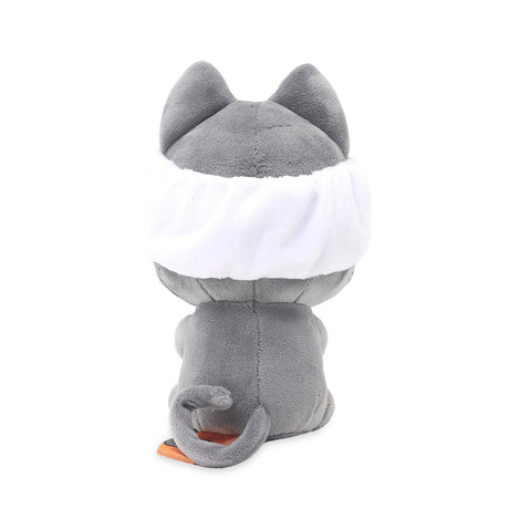A 6-inch Hakongee grey cat plush wearing a green spa face mask and a white bow headband, officially licensed and made by WSL