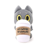 An officially licensed 6-inch Hakongee cat plush by WSL hugging a large white coffee cup that reads "No Coffee, No Work."