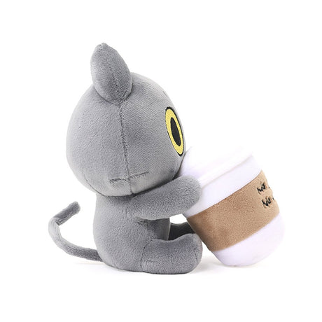 An officially licensed 6-inch Hakongee cat plush by WSL hugging a large white coffee cup that reads "No Coffee, No Work."