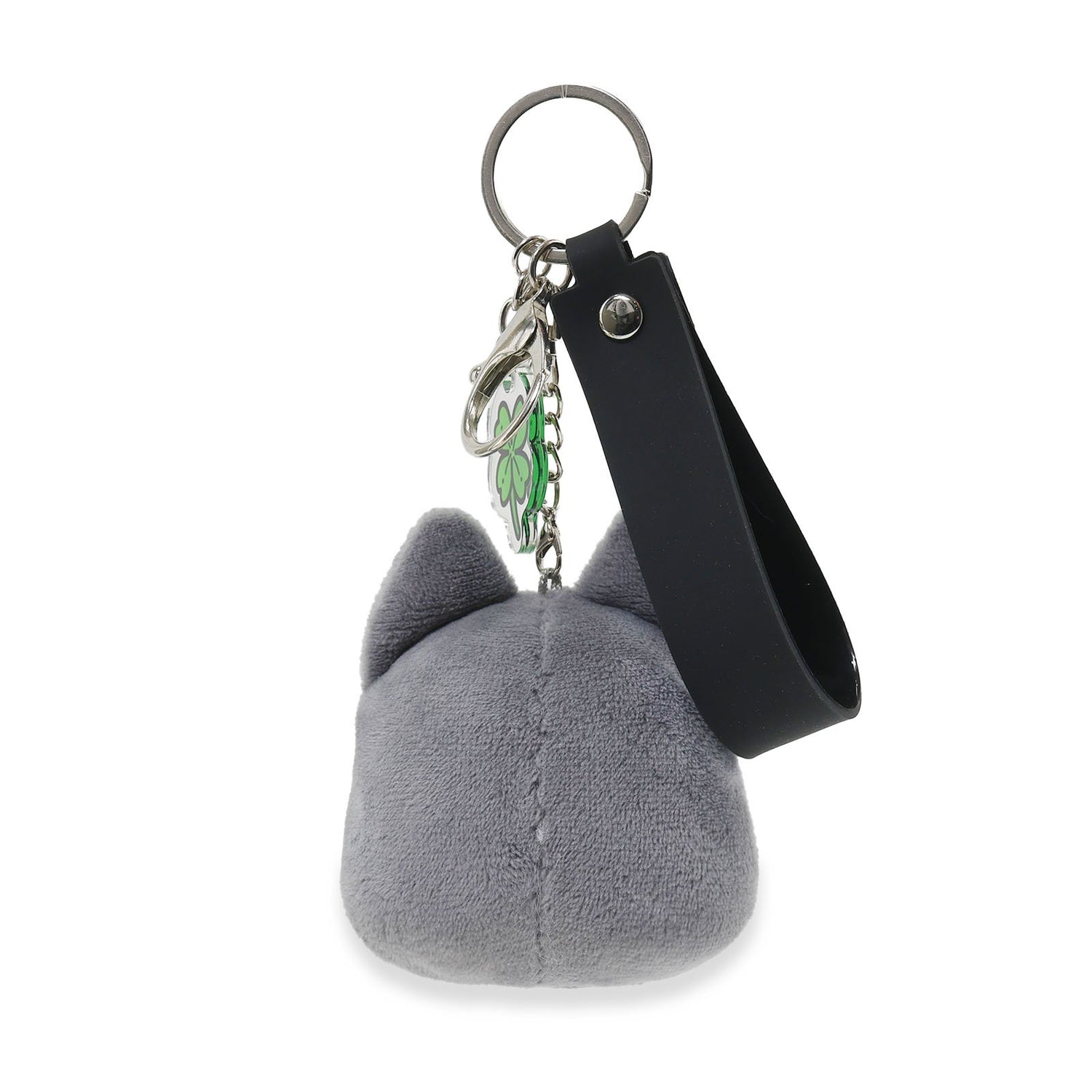 Black cat plush keychain with a black strap on a white background