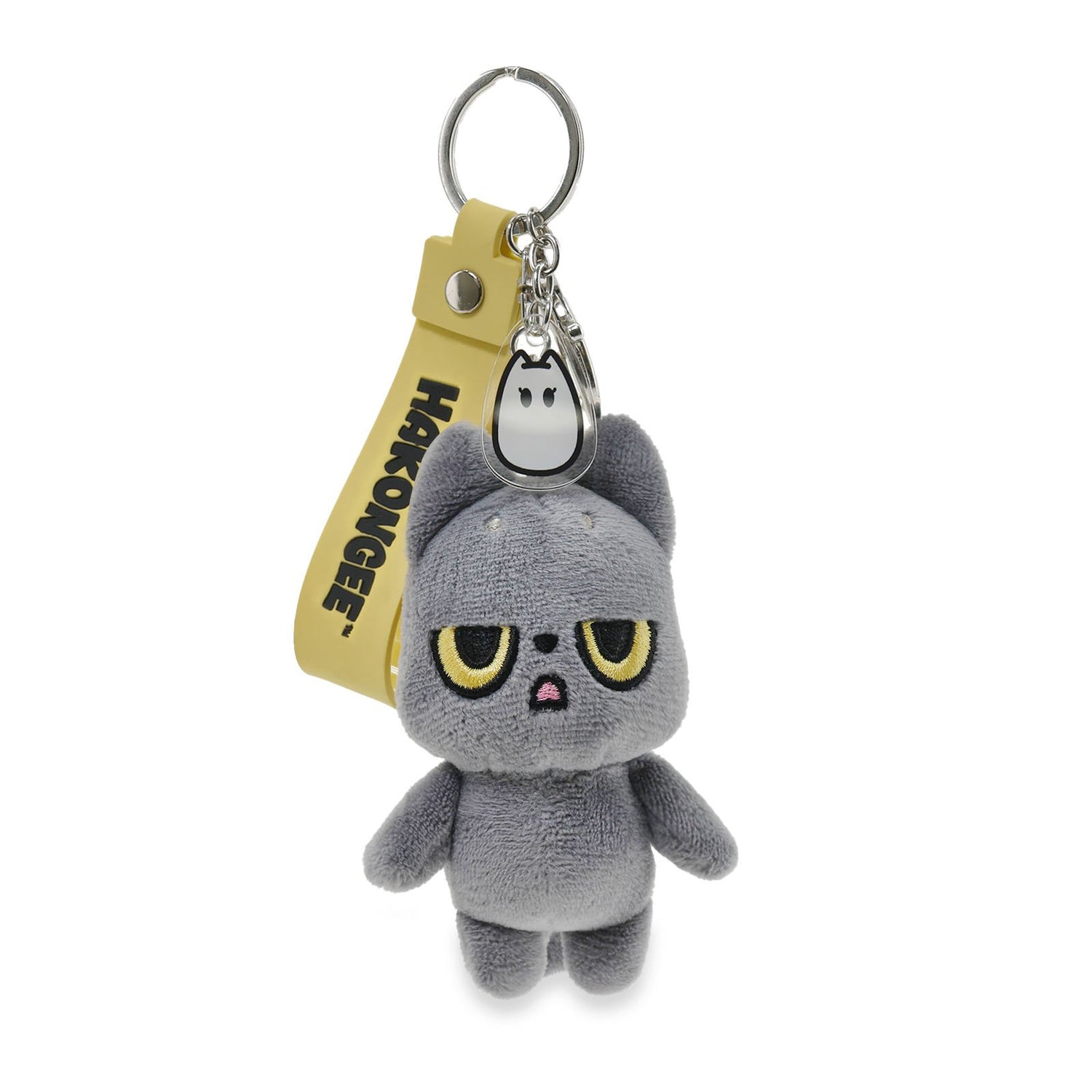 Plush keychain with a black cat design and yellow strap on a white background