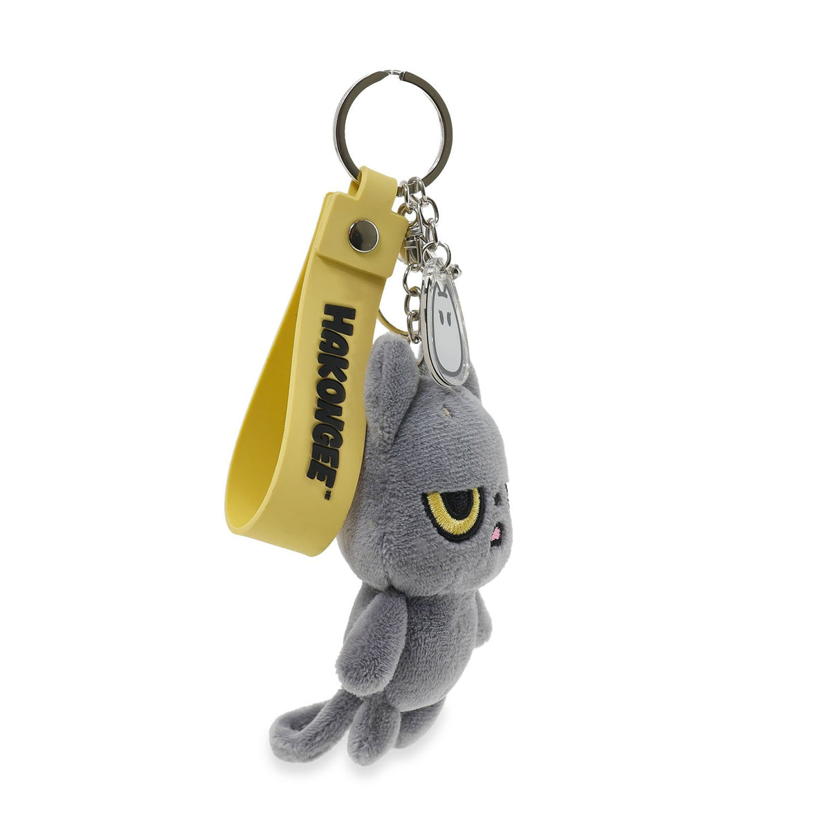 Black Cat Plush keychain with a yellow strap and 'Hakonege' branding on a white background