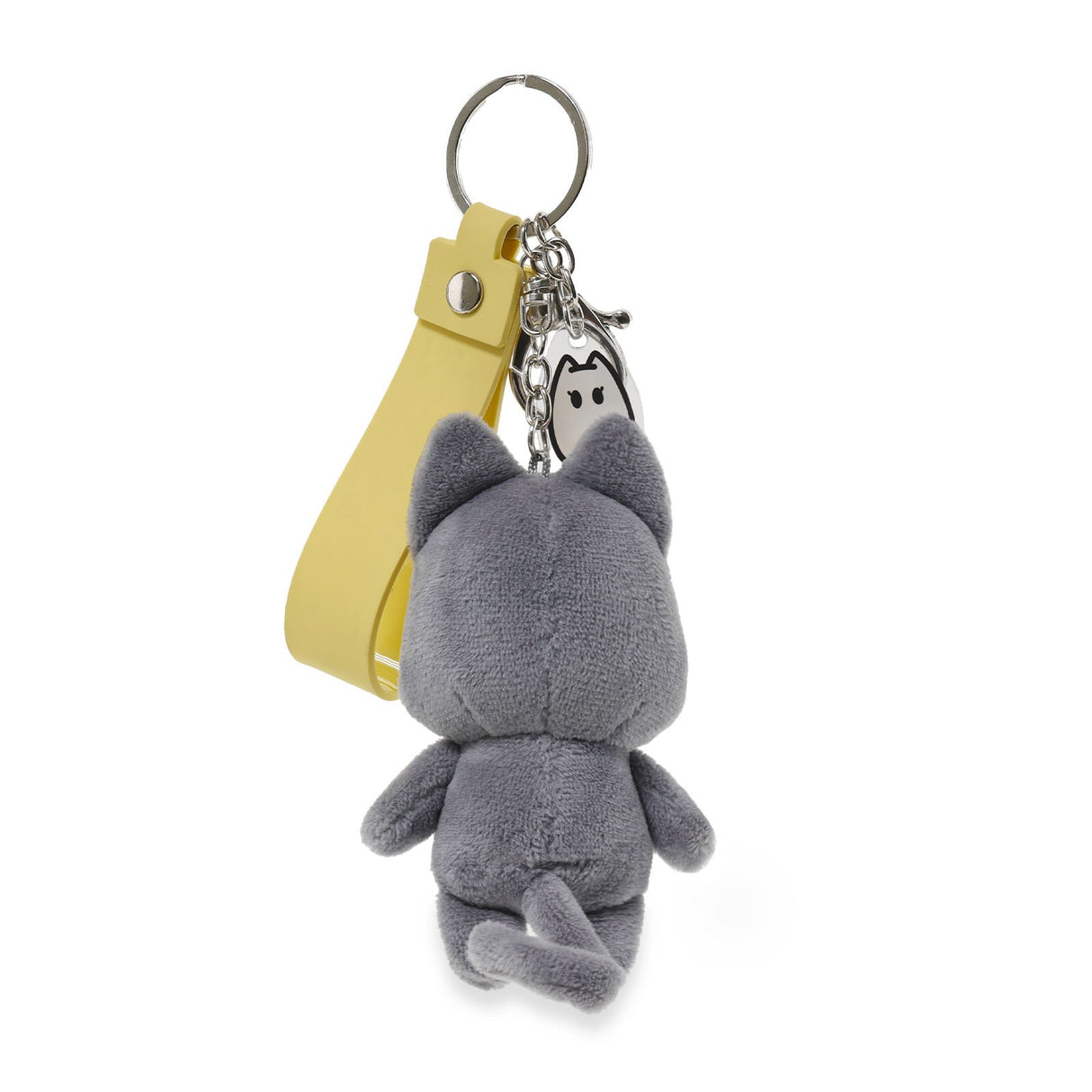 Black plush keychain with a yellow strap on a white background