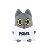  Black Cat Plush toy cat holding a pillow with 'HOME' text on a white background