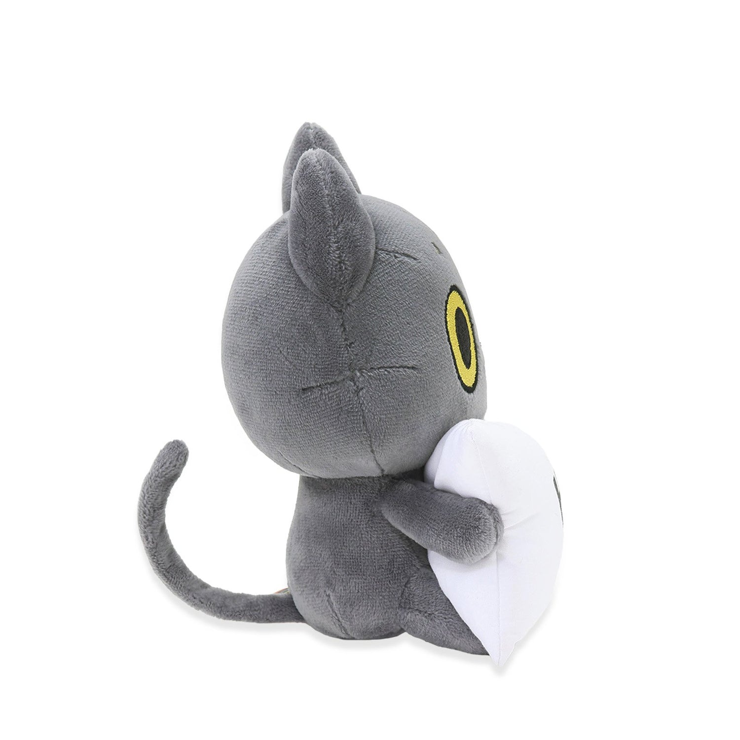 Black cat plush toy with a yellow eye on a white background