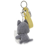 Black Cat plush keychain with a yellow tag on a white background
