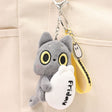 Plush keychain of a black cat with large eyes attached to a bag.