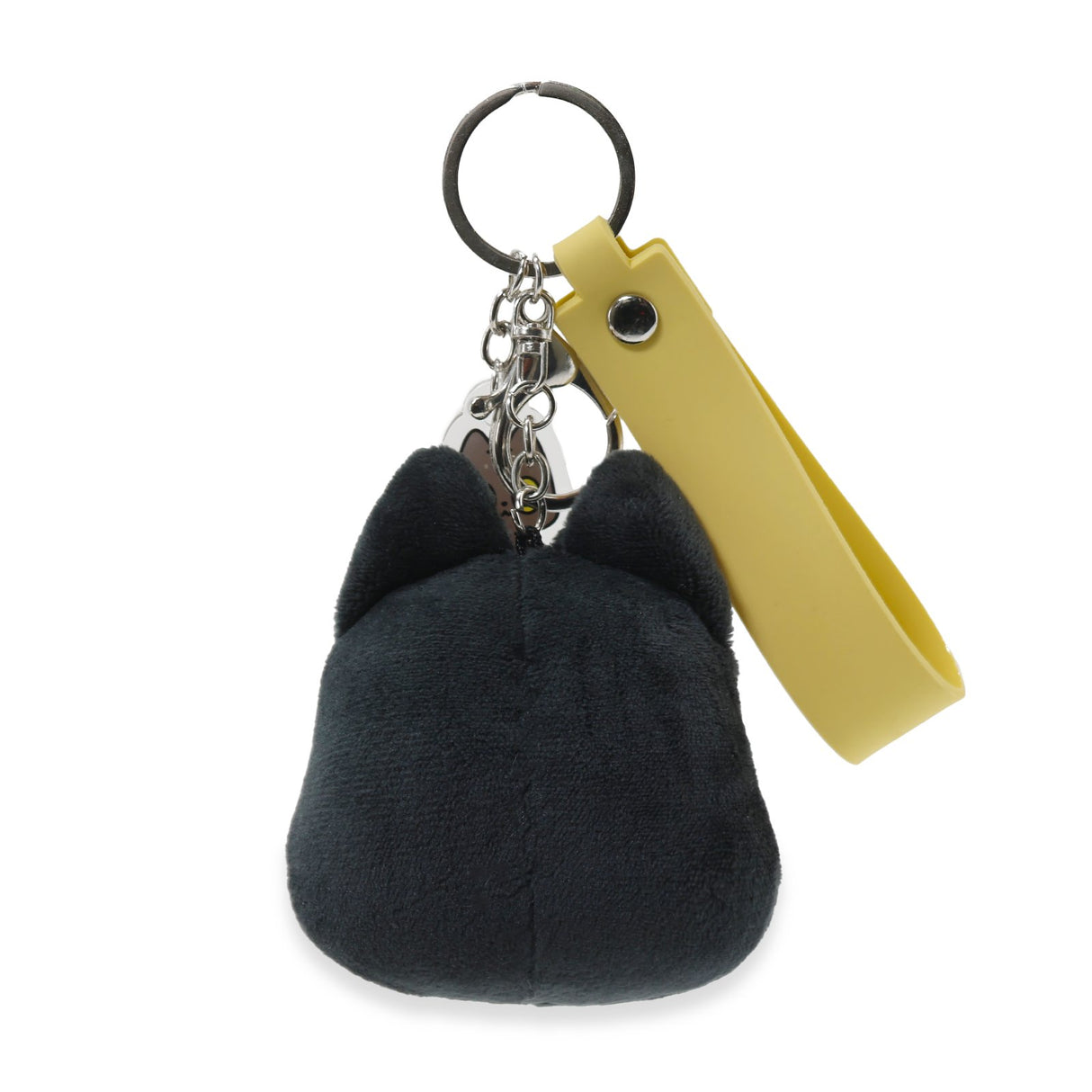 Black cat-shaped keychain with a yellow handle strap on a white background