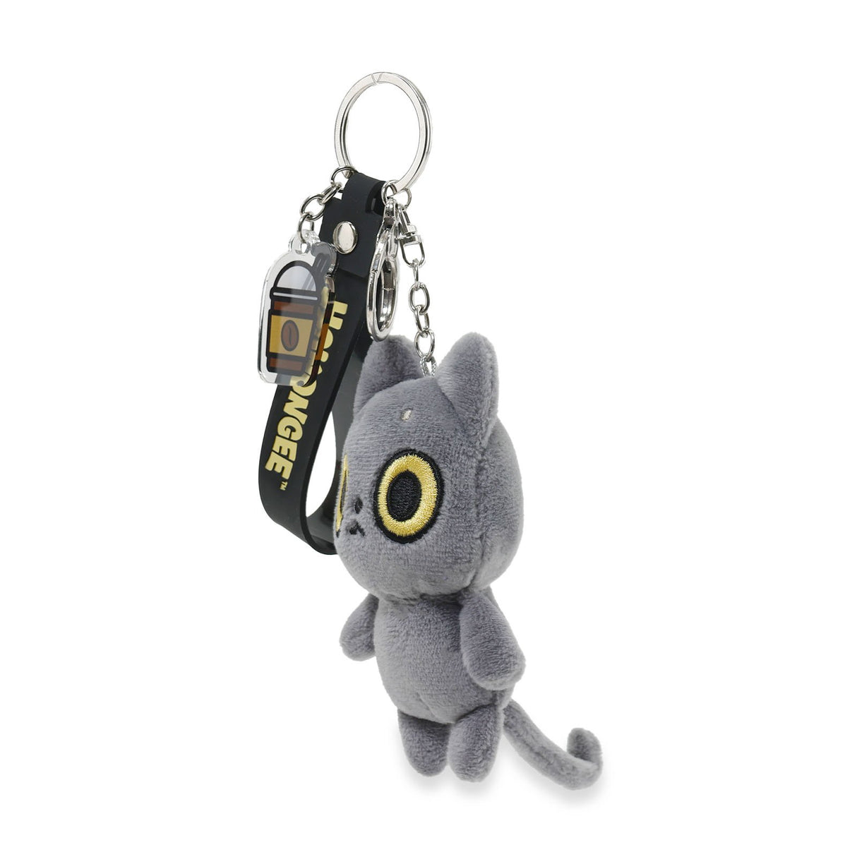 Black plush cat keychain with a unique eye design on a white background