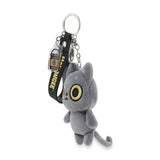 Black plush cat keychain with a unique eye design on a white background