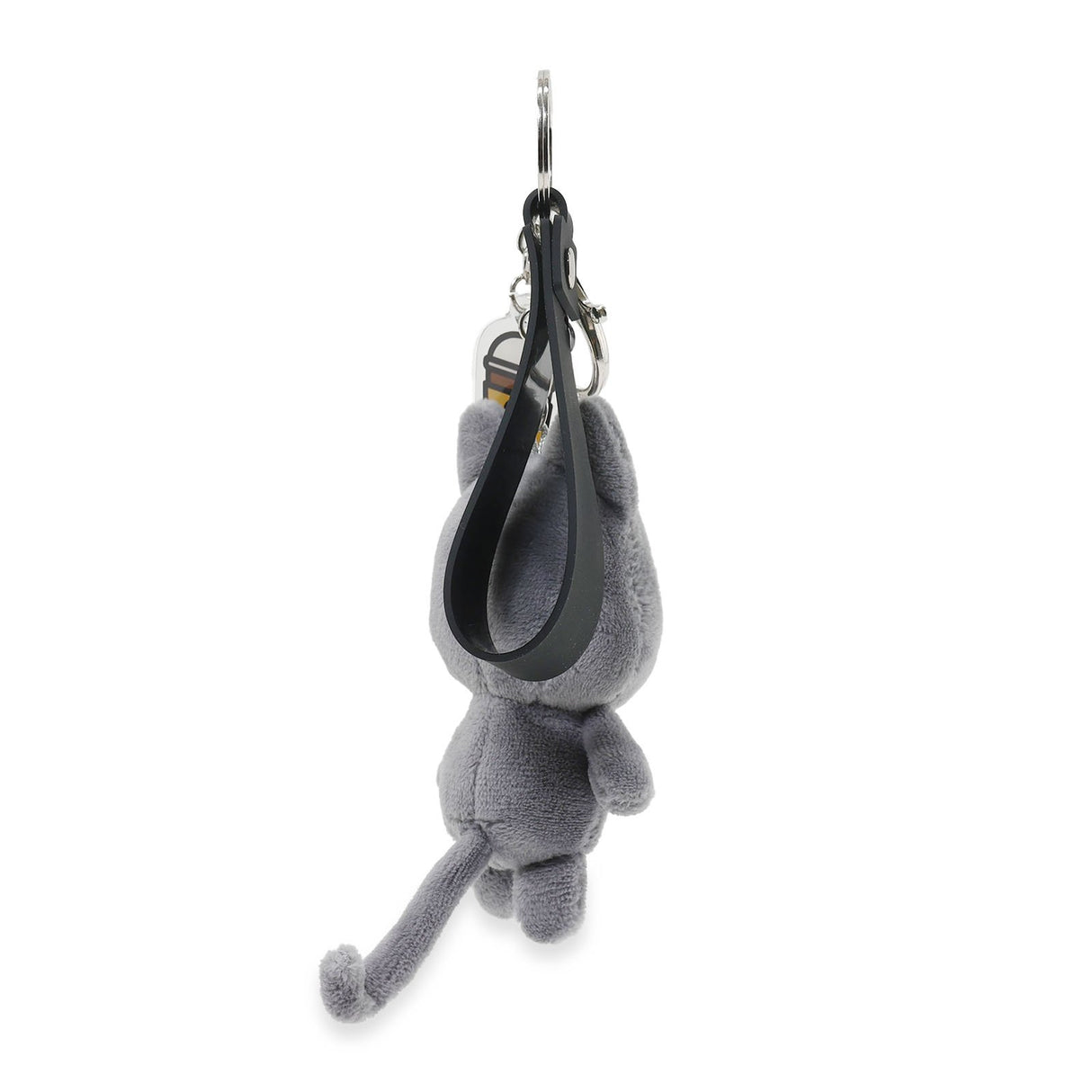 Black Cat plush keychain with a black strap on a white background