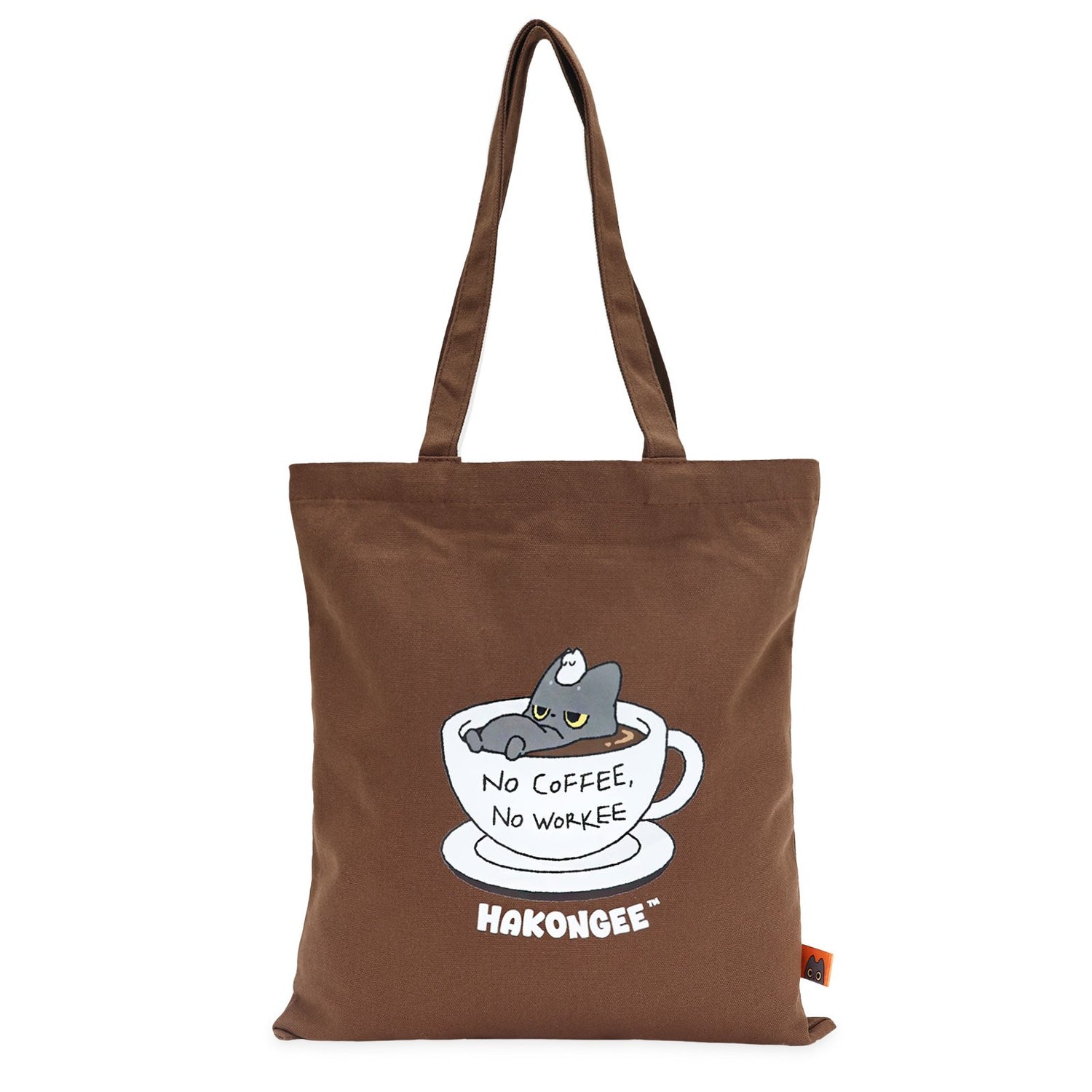 Brown tote bag with a black cat graphic and text on a white background