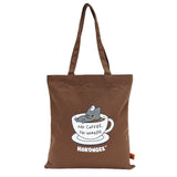 Brown tote bag with a black cat graphic and text on a white background