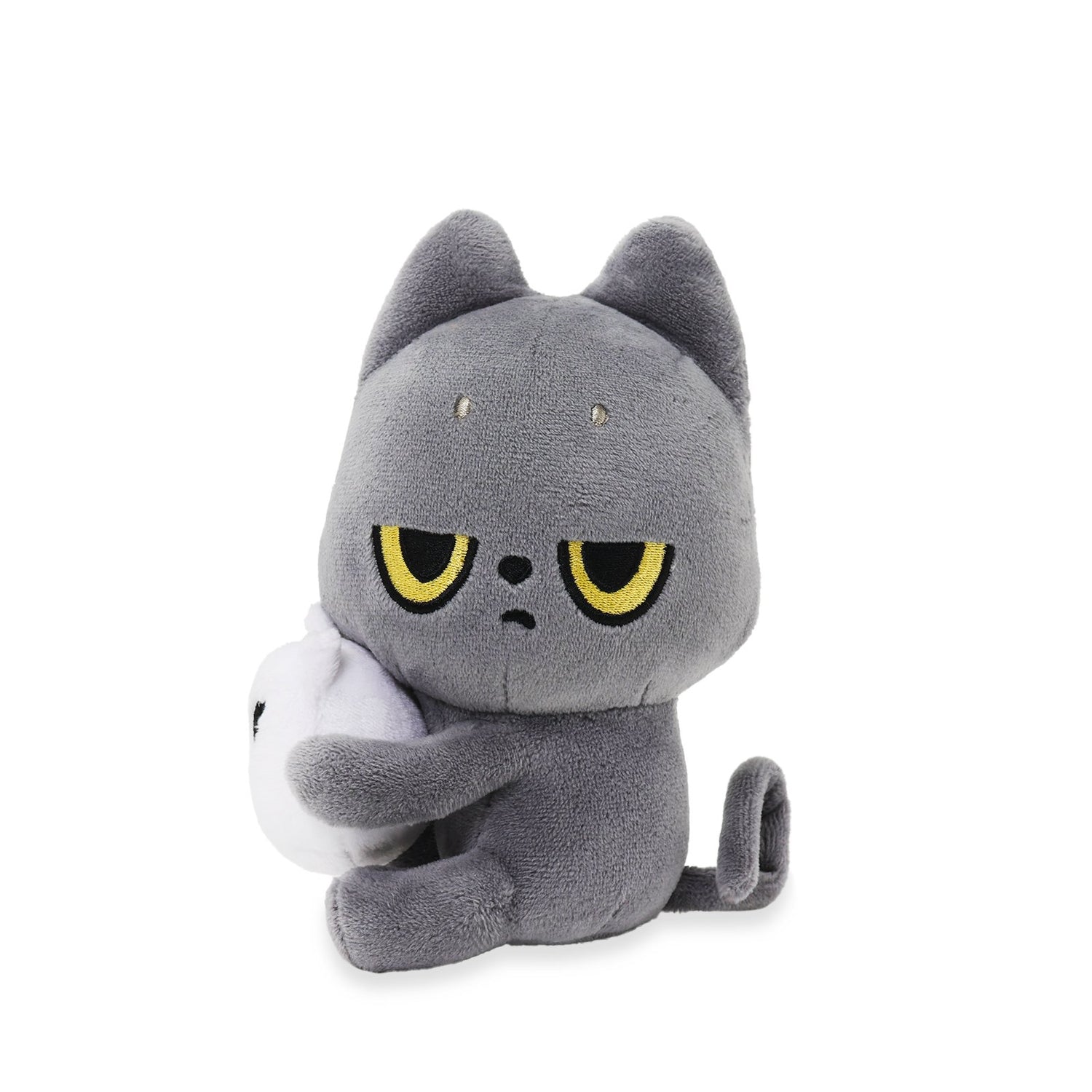 Black Cat plush cat toy with yellow eyes holding a white Snoozy on a white background