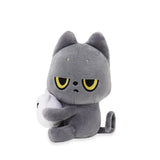 Black Cat plush cat toy with yellow eyes holding a white Snoozy on a white background