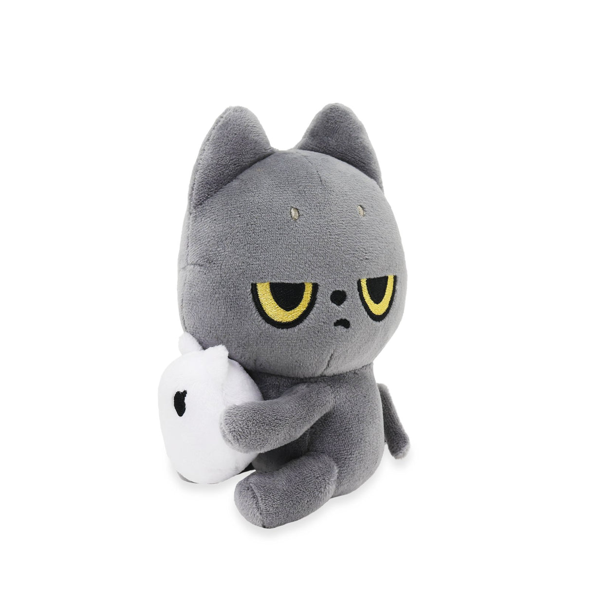 Black cat plush toy cat holding a white Snoozy on a white background