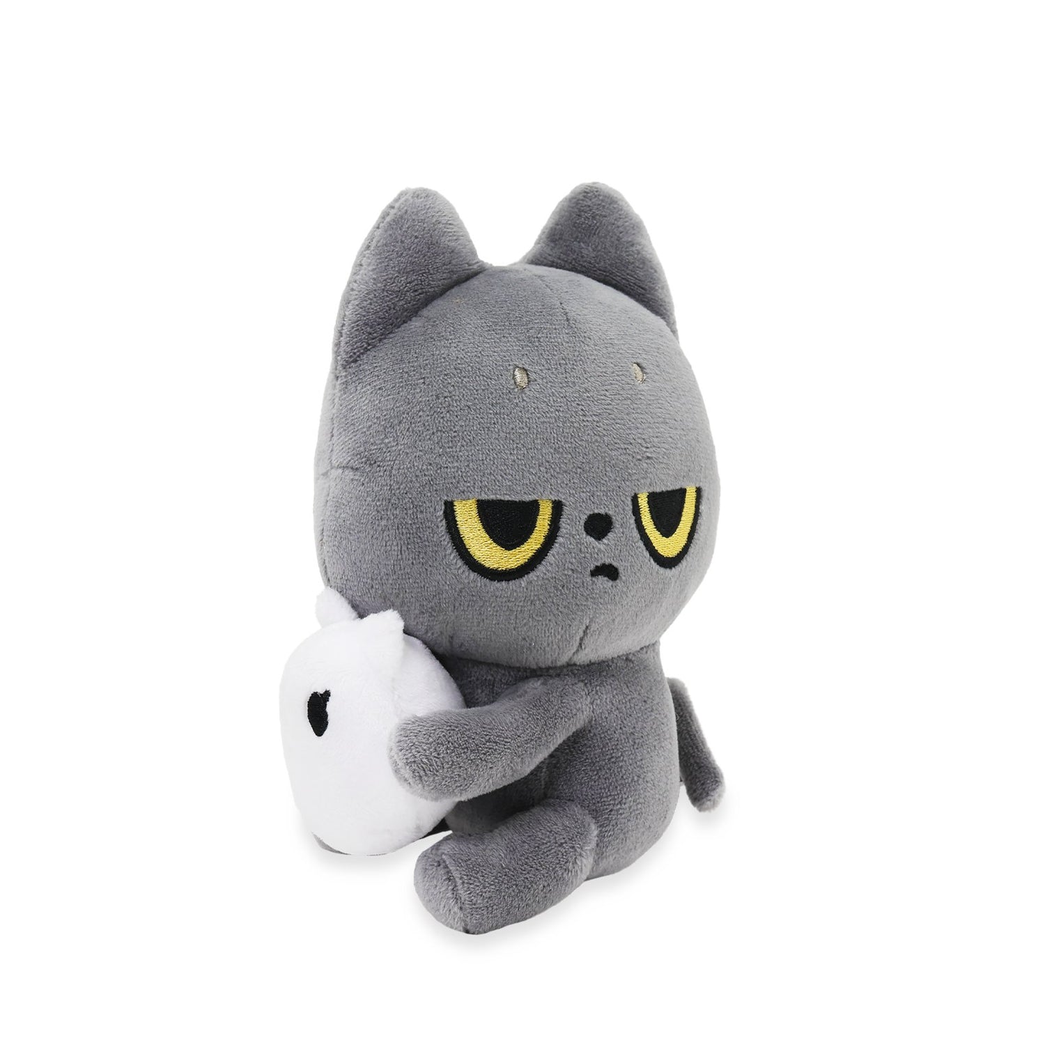 Black cat plush toy cat holding a white Snoozy on a white background