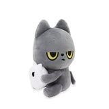 Black cat plush toy cat holding a white Snoozy on a white background