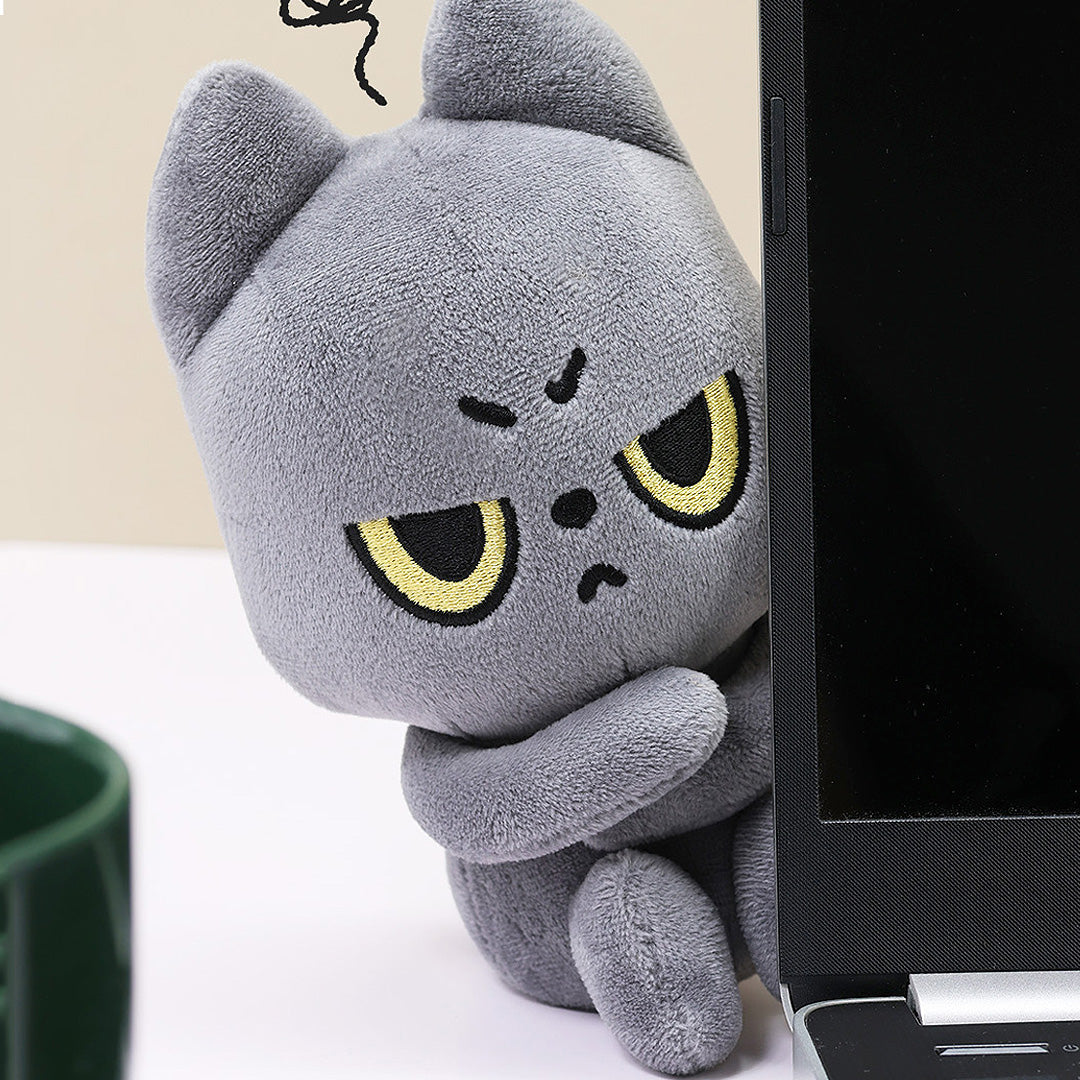 Black cat plush toy with cartoonish face next to a laptop
