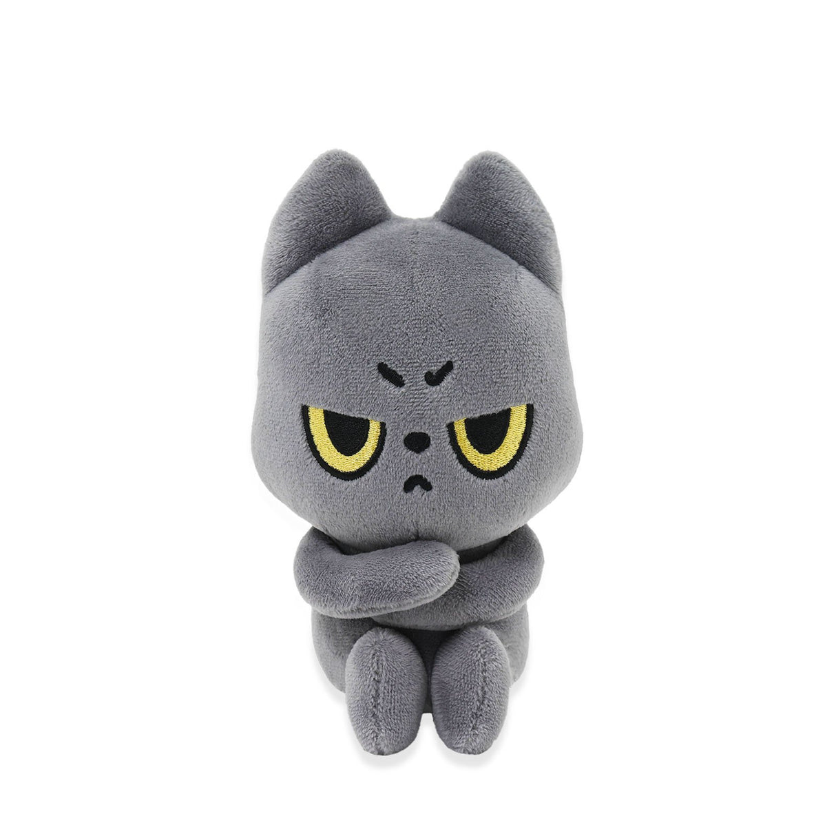 Black cat  plush toy with angry expression on a white background