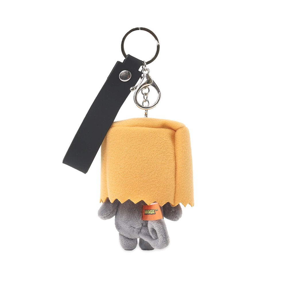 A grumpy Hakongee grey cat plush keychain wearing a brown paper bag over its head, officially licensed and made by WSL