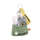 An officially licensed Hakongee cat plush keychain made by WSL, featuring the character tucked into a cozy green blanket with a pillow