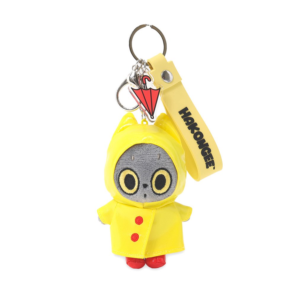 Hakongee the grey cat plush keychain wearing a yellow hooded raincoat and red boots, officially licensed and made by WSL