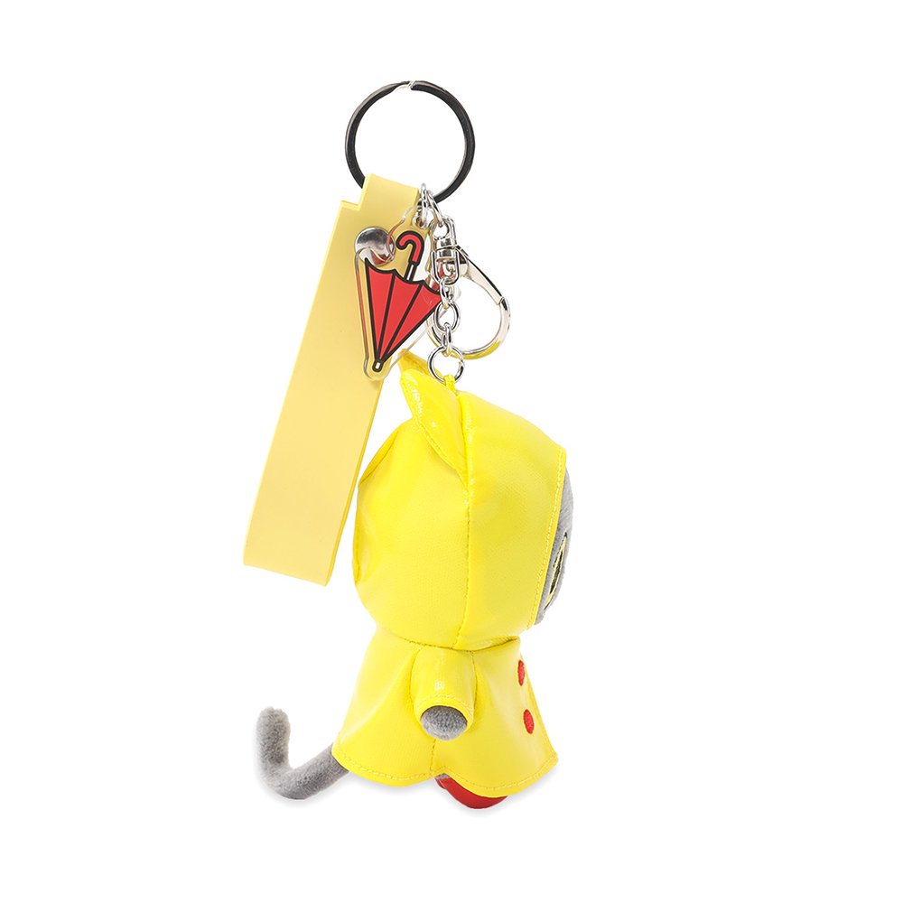 Hakongee the grey cat plush keychain wearing a yellow hooded raincoat and red boots, officially licensed and made by WSL