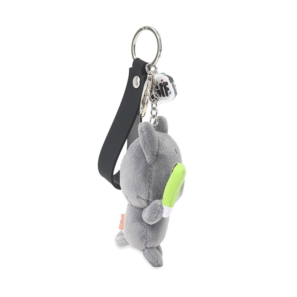 This officially licensed Hakongee plush keychain by WSL features the grey cat holding colorful glow sticks with a "TGIF" charm