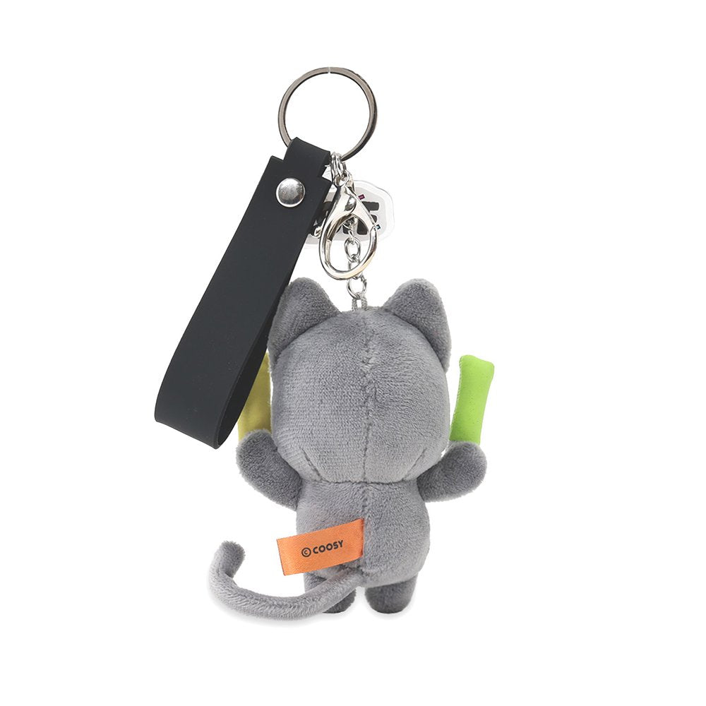 This officially licensed Hakongee plush keychain by WSL features the grey cat holding colorful glow sticks with a "TGIF" charm