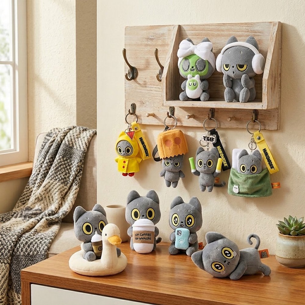 A collection Hakongee plush dolls and keychains displayed in a cozy home setting. The gray Hakongee cat stuffed animals are shown in various poses: sitting on a wooden desk with coffee and phones, and hanging as plush keychains from a rustic wall organizer. Featured designs include Hakongee in a yellow raincoat, wearing headphones, and tucked into a green sleeping bag. All officially licensed and made by WSL.