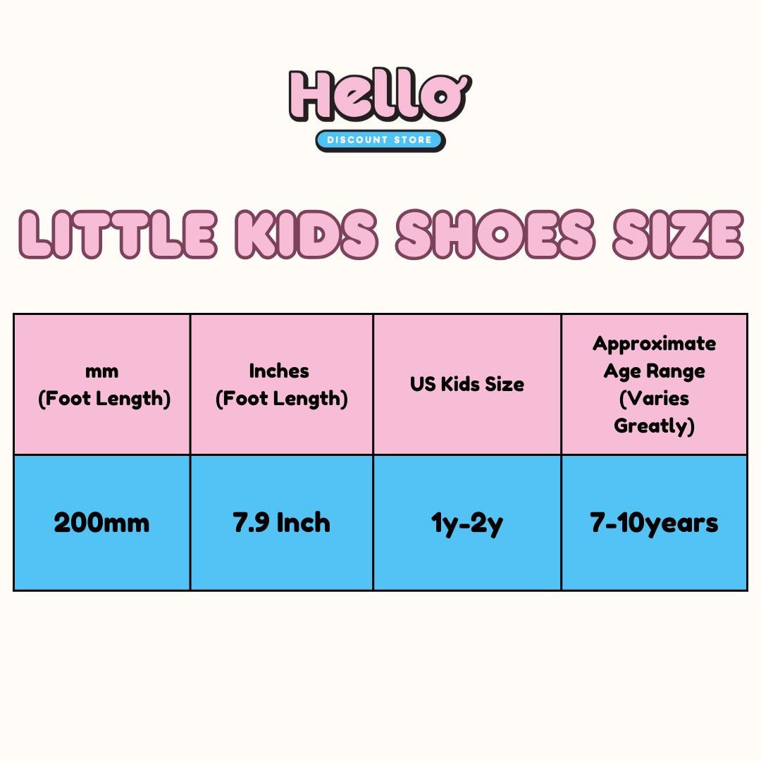 Chart showing Little Kids shoe size conversion for little kids with 'Hello Discount Store' branding.