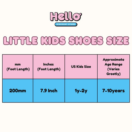 Chart showing Little Kids shoe size conversion for little kids with 'Hello Discount Store' branding.