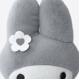An officially licensed Sanrio Hello Kitty, Dear Daniel, My Melody, Cinnamoroll, Kuromi, Pompompurin, Pochacco, Chococat, and Hangyodon plush dolls each dressed in their iconic outfits in monochrom white and gray color
