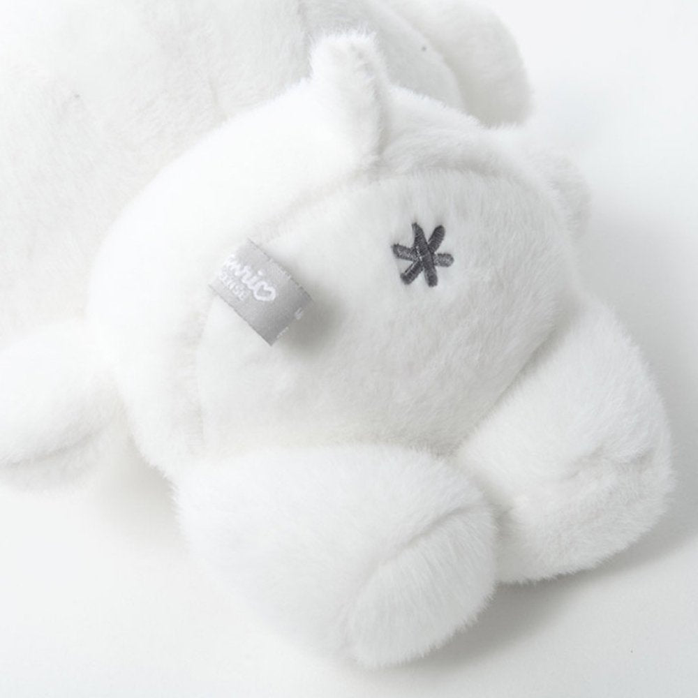 An officially licensed Sanrio Hello Kitty, Dear Daniel, My Melody, Cinnamoroll, Kuromi, Pompompurin, Pochacco, Chococat, and Hangyodon plush dolls each dressed in their iconic outfits in monochrom white and gray color