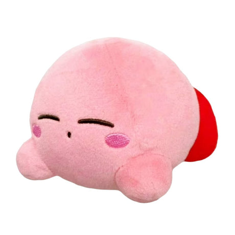 An officially licensed soft, round pink Kirby plush cushion resting peacefully with embroidered closed eyes and rosy cheeks