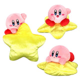 An officially licensed collection of Kirby's Dream Land plush toy featuring a pink Kirby sitting on top of a fluffy yellow star plush