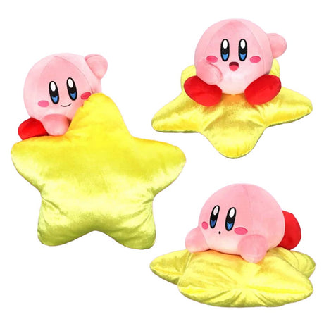 An officially licensed collection of Kirby's Dream Land plush toy featuring a pink Kirby sitting on top of a fluffy yellow star plush