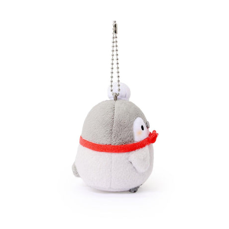 Official Spiralcute Koupen Chan Baker Costume Plush Mascot Keychain featuring a soft grey penguin wearing a white chef hat and red bow tie while holding a yellow wooden rolling pin, attached to a sturdy silver ball chain for bags and backpacks to serve as a comforting workplace healing companion and emotional support tool for adult kidult collectors.