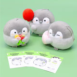 Koupen Chan freebie Gift: Three plush penguin toys with a red balloon and flowers on a green background, accompanied by freebie sticker sheets.