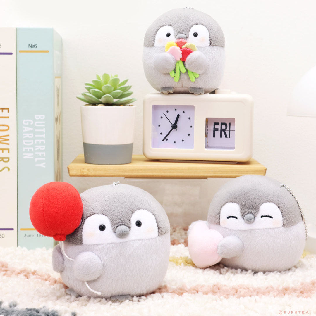 Kawaii Room Decor: Kawaii Penguin Plush toys (Koupen Chan) used as cute room decor. Assortment of soft plushies arranged on Cozy Carpet or office desk 