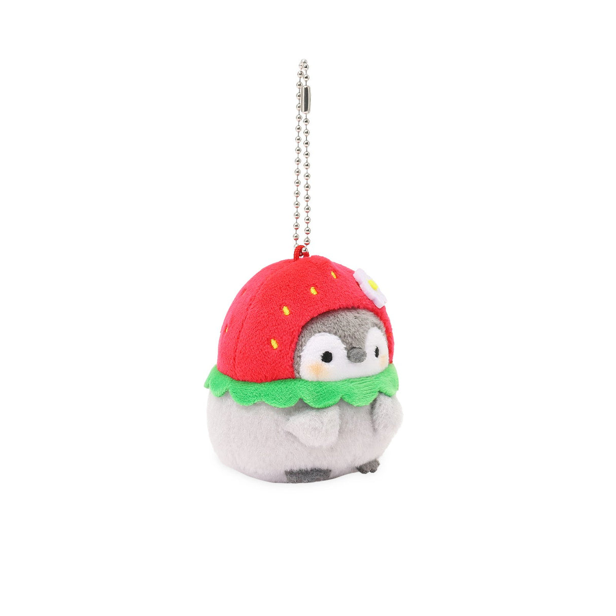 Penguin Plush Keychain: Koupen Chan Penguin Plush Keychain with strawberry hat adorned with tiny seeds and a delicate flower. Official licensed charm 