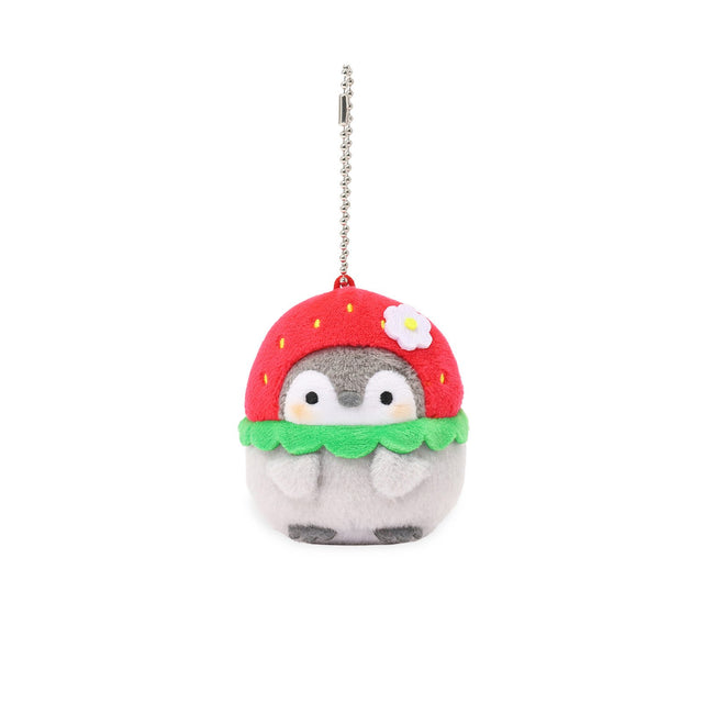 Penguin Plush Keychain: Koupen Chan Penguin Plush Keychain with strawberry hat adorned with tiny seeds and a delicate flower. Official licensed charm 