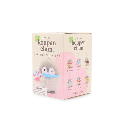 A collection of six officially licensed Koupen Chan plush keychains, each featuring the small grey penguin holding a different dessert like a cupcake or pretzel. Every plush includes a colorful bowtie and a silver ball chain for easy hanging.
