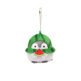 Official Spiralcute licensed by Koupen Chan penguin plush keychain in watermelon costume on a white background. Featuring the lovable penguin wearing a sweet watermelon hat and holding a tiny watermelon treat. Complete with a sturdy ball chain, it's perfect for  attach to your backpack, bag, purse, car, or pants. Makes a great gift for Koupen Chan fans, plush collectors, Thanksgiving, Christmas, or any celebration!
