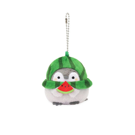Official Spiralcute Koupen Chan Watermelon Costume Plush Mascot Keychain featuring a soft grey penguin in a green striped watermelon hood while holding a small red watermelon slice. Complete with a sturdy ball chain, it's perfect for attach to your backpack, bag, purse, and car to serve as a comforting workplace healing companion and emotional support tool for adult kidult collectors. Makes a great gift for Koupen Chan fans, plush collectors, Thanksgiving, Christmas, or any celebration!