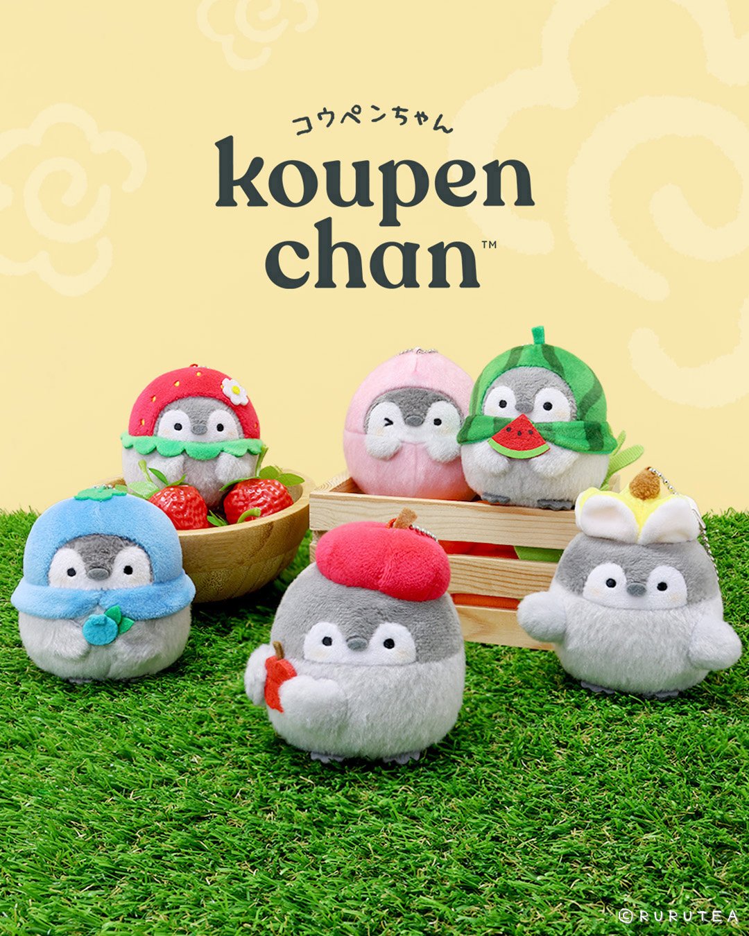 Fruit Themed Penguin Charms: Set of six fruit and food-themed penguin charms (Koupen Chan). Collectible plush keychains for bag decoration